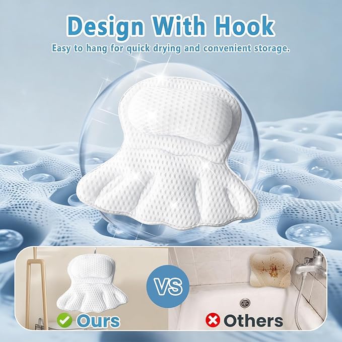 Luxury Bathtub Pillow, 4D Air Mesh Soft Bath Pillow for Tub, Non-Slip Suction Cups Bath Cushion, Ergonomic Head Neck Back Support Bath Pillow, Comfortable Spa Bath Accessories Gift for Women