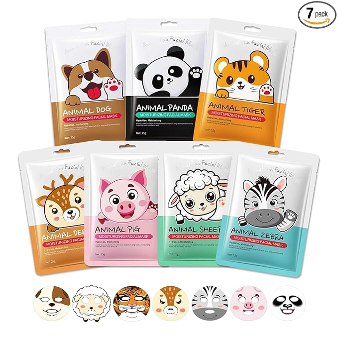 7 Packs Cute Animal Character Design Facial Masks, Deep Hyrating Spa Masks for All Skin Types, Gift for Kids' Birthady Party, Girl's Night, Enjoy Skincare Life