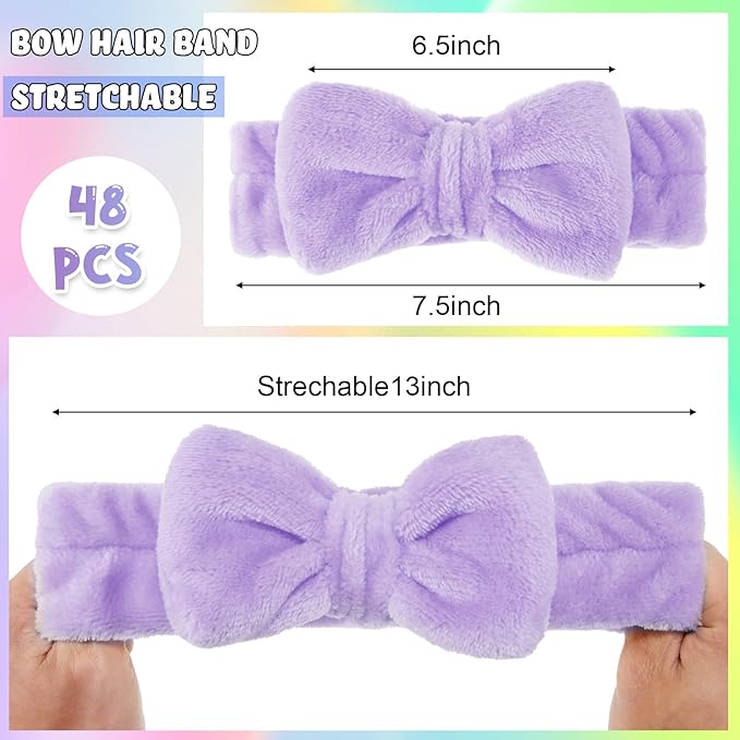 WILLBOND 48 Pieces Spa Headband Bulk Skincare Headbands Face Wash Makeup Hairband Bow Facial Washing Face Head Wraps Adjustable Soft Flannel Towel for Women Shower (Pastel)