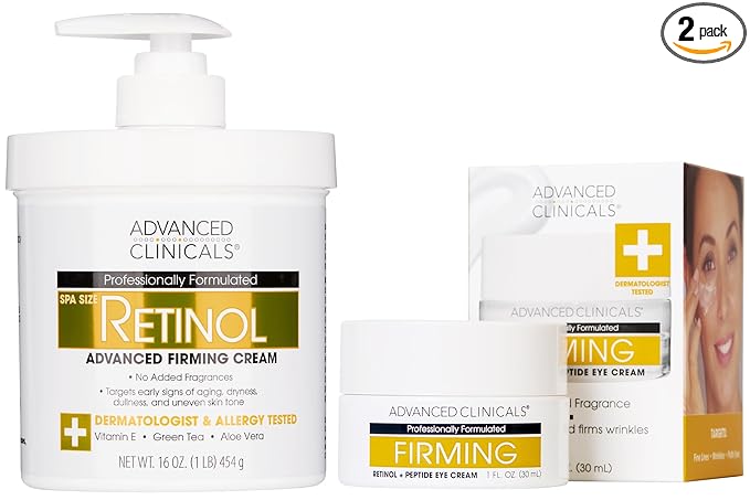 Advanced Clinicals Advanced Firming Retinol Body Lotion + Retinol Eye Cream Face Moisturizer With Peptides Anti Aging 2pc Skincare Set For Women & Men, Fragrance Free, 2pc Set