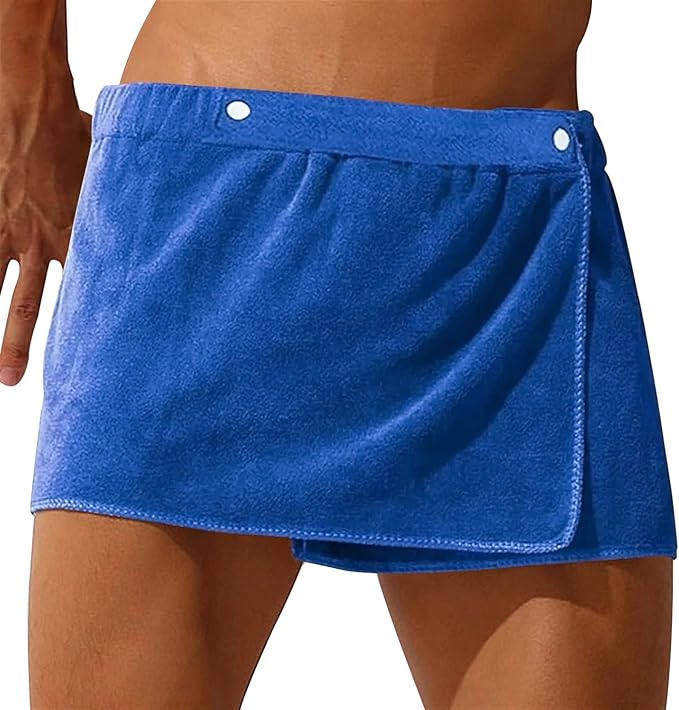 Men Boys Soft Wearable Bath Towel Short Pants Adjustable Mircofiber Towel Pool Beach Spa Bathing Shower Cover Up Wrap Around Towels (Blue)