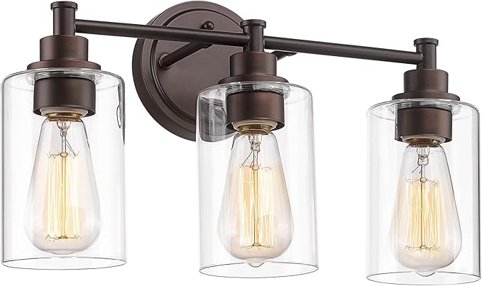 FEMILA 3-Light Vanity Light,Farmhouse Bathroom Light Fixtures,Metal Wall Sconce with Clear Glass Shade,Oil Rubbed Bronze Finish,4FYC56B-3W ORB