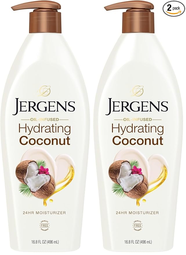 Jergens Hydrating Coconut Body Lotion,Hand and Body Moisturizer,Infused with Coconut Oil,Hydrates Dry Skin Instantly,Dermatologist Tested,16.8 oz,(Pack of 2)