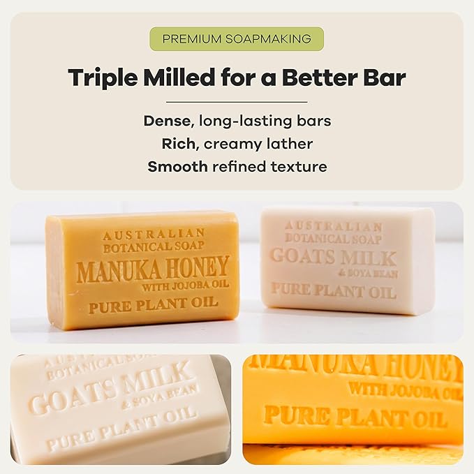 Australian Botanical Goats Milk Soap and Manuka Honey 6.6 OZ, Triple Milled Bars made with a Natural Soap Base and Enriched with Organic Shea Butter, Pack of 8