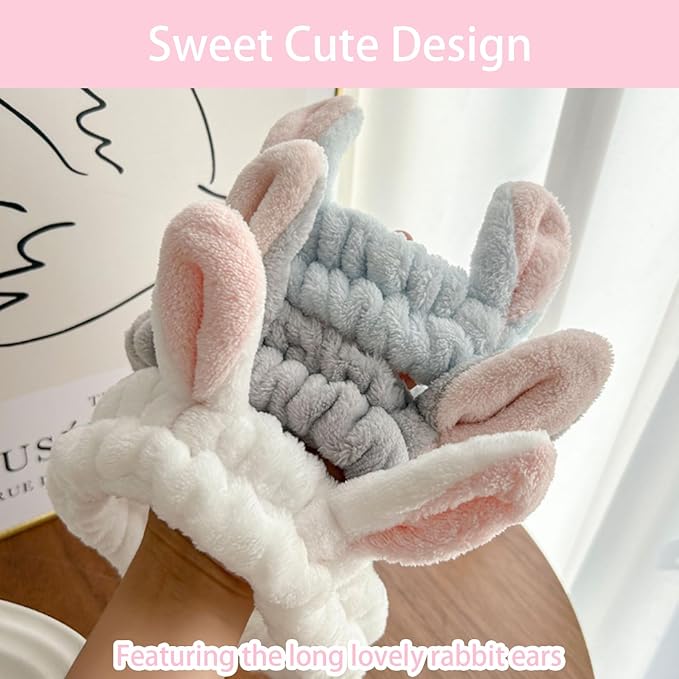 musejoy 2 Pcs Headband Bunny Ears Headband Cute Spa Headbands for Washing Face Skincare Makeup Headbands for Women Girls Trendy Stuff Present Soft Coral Fleece Hair Accessories(Grey+Dusty Pink)