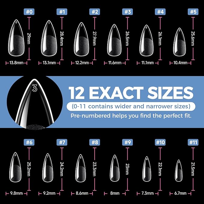 UNA GELLA Medium Stiletto Gel Nail Tips Full Cover 216Pcs Almond Shape Nails Tips Stiletto Pre etched Soft Gel Nails Clear Fake False Nail Tip For Home Art Salon 12 Sizes