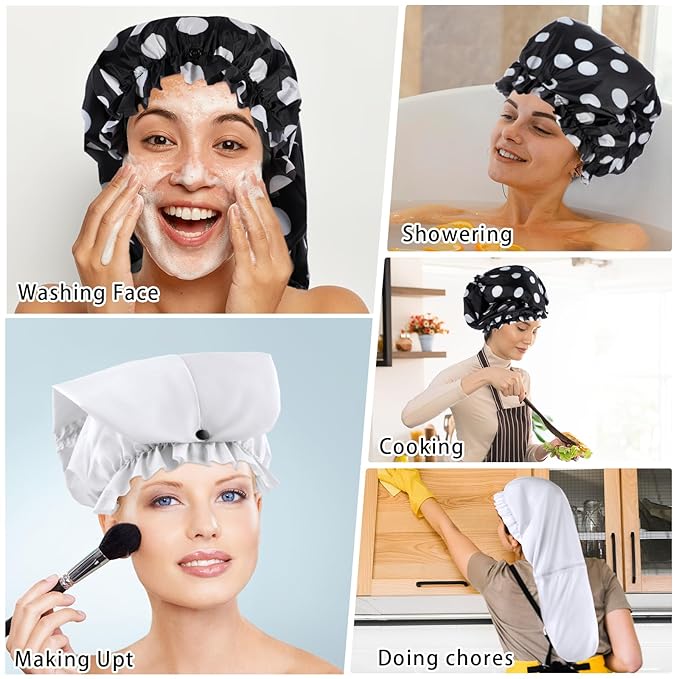 2 Pcs Large Shower Cap for Braids, Extra Long Shower Cap for Women Long Hair & Locs, Waterproof Hair Bonnets for Dreadlocks Drawstring Bath Caps for Women & Men (White, Polka Dots)