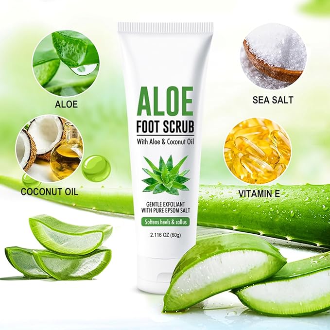 Aloe Vera & Coconut Oil Foot Scrub - Foot Exfoliating Scrub with Vitamin E Pure Salt Moisturize for Dry, Rough, Cracked Feet Heels and Calluses - Feet Exfoliator for Women and Men (2 Pack, 2.1oz)