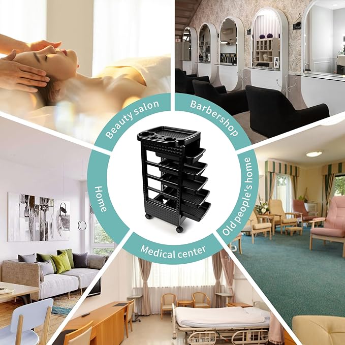 Salon Trolley Cart with 5 Drawers, Beauty Rolling Hair Rack with Worktop, Portable Salon Station for Hair Stylist, Professional Beautician’s Equipment with Wheels for Spa/Tattoo