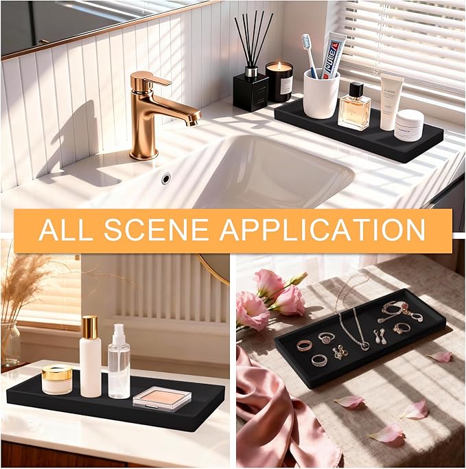 Bathroom Vanity Tray Black, Silicone 11.8 x 5 Inch Toilet Tank Tray Decor, Extra-Large Candle Tray for Bathroom Holders and Organizers, Waterproof Perfume Tray for Dresser for Vanity, Kitchen