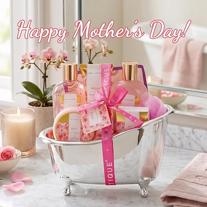 spa luxetique Gift Set For Women, Bath Sets for Women Gift, 8 Pcs Rose Spa Basket Includes Bubble Bath, Shower Gel, Body Lotion, Mom Birthday Gifts, Mother‘s Day Gifts for Her