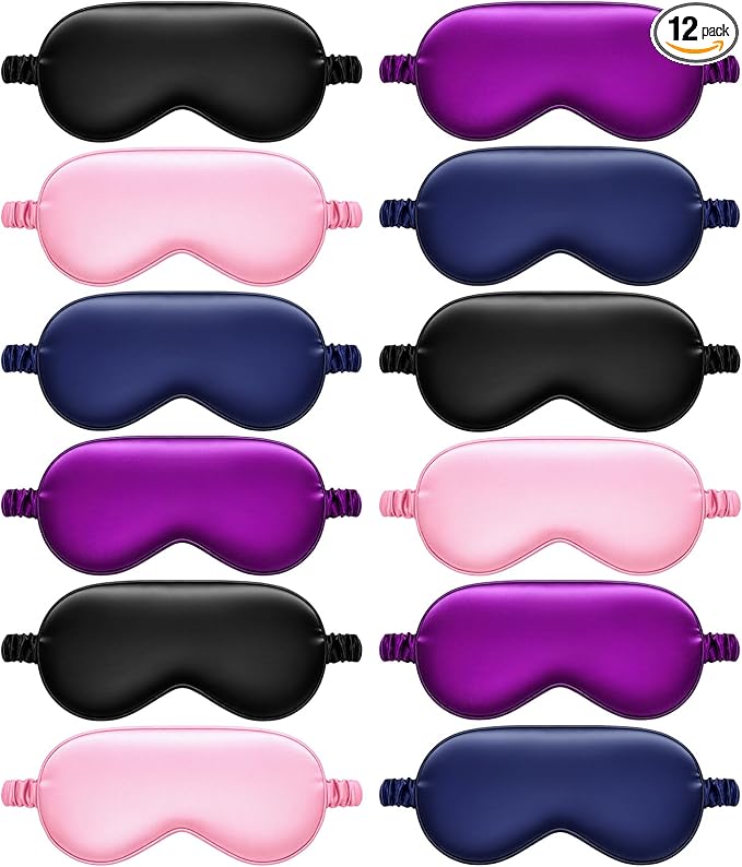 Cutecrop 12 Pcs Silk Sleep Masks Soft Satin Eye Masks with Adjustable Elastic Strap for Sleeping Comfortable Blindfold Eyeshade for Men Women Nap Night Travel Gifts (Pink, Black, Navy Blue, Purple)