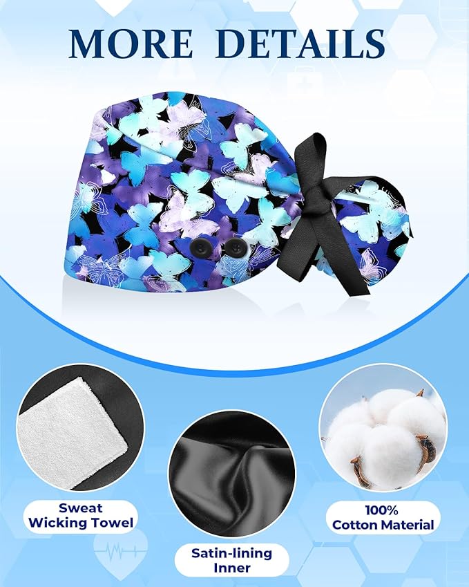 Plifal 100% Cotton Scrub Cap with Buttons-Nurse Cap with Sweatband for Women, Adjustable Working Hat,Satin Lined or Unlined