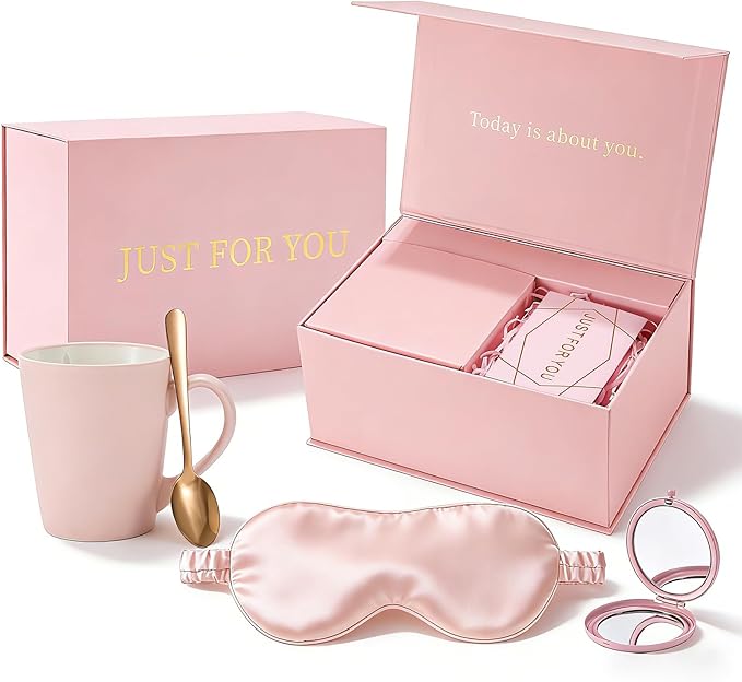 Gift Set for Mom – 100% 6A Mulberry Silk 19 Momme Eye Mask with Mug, Spoon & Mirror, Self Care Relaxation Gifts for Mom, Wife, Girlfriend