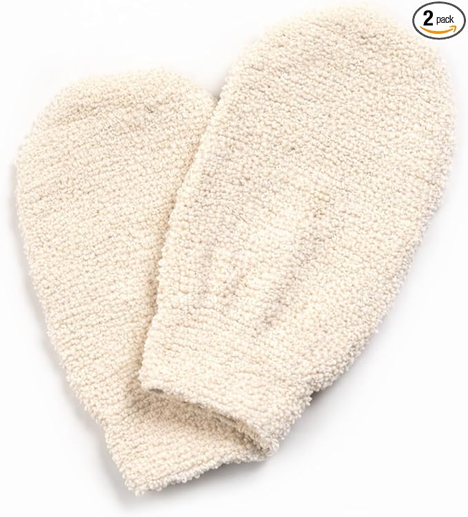 Exfoliating Gloves for Body Scrubber - 100% Natural Hemp Bath Mitts with Secure Cuff, Reusable Shower Washcloth for Dry Skin Relief, Soft Loofah Alternative for Men & Women2 Pack (White)