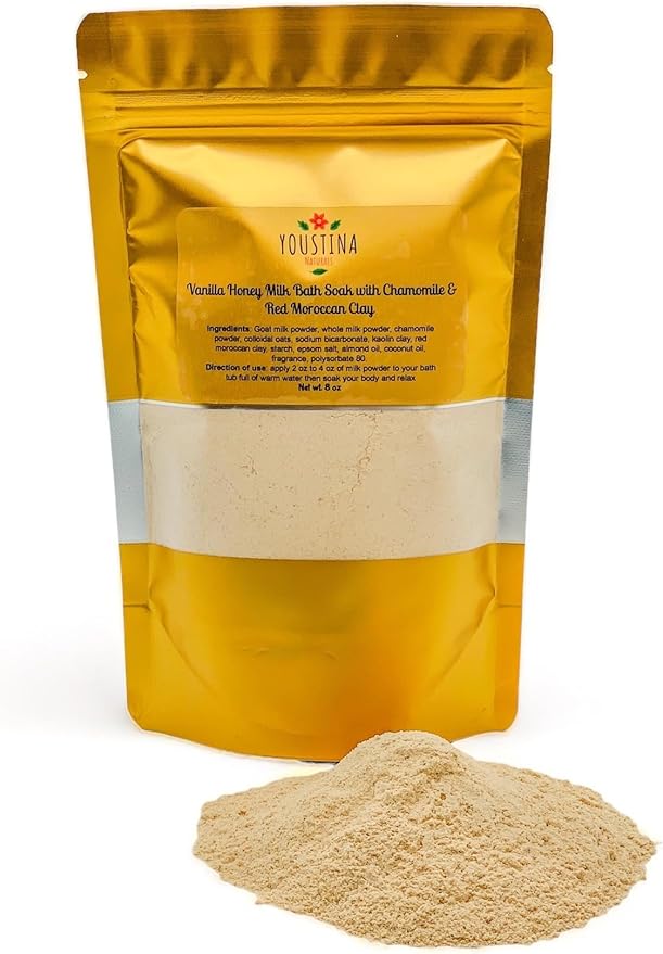 Milk Bath Powder Soak for Skin with Goat Milk, Moroccan Red Clay, Chamomile and Scented with Vanilla Honey 8 oz by Youstina Naturals