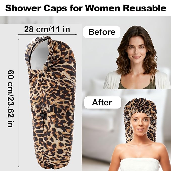 ELEBOX Extra Large Shower Cap for Braids/Curly Hair/Dreadlock | Reusable Waterproof Long Bonnets for Women Bath/Swim/Cooking/Cleaning/Spa | XL Bathing Cap with Adjustable Drawstring & Button, Leopard