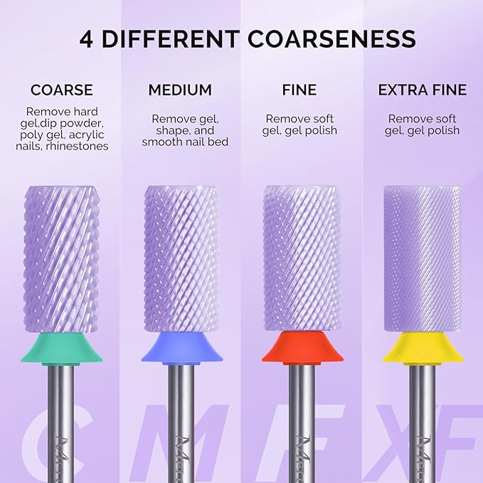 MelodySusie Ceramic Nail Drill Bits, 3/32'' Chamfer Flat Top Large Barrel Bits, Fast Remove Acrylic or Hard Gel, Nail Tool for Manicure Pedicure, Salon Home, Professional or Beginner, Purple, Medium
