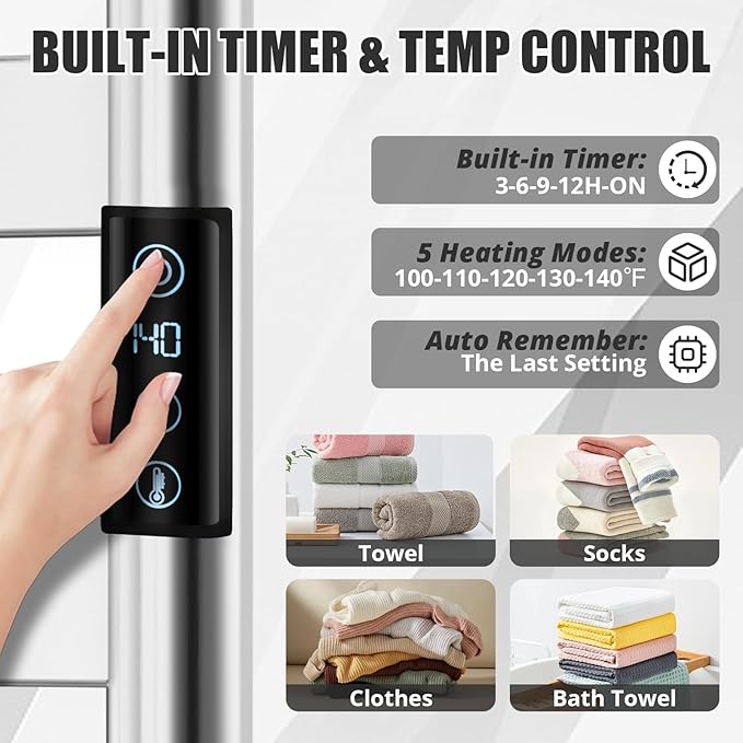R FLORY Heated Towel Rack for Bathroom, 6 Bar Wall Mounted Towel Warmer Rack Flat with Timer & Temperature, Electric Towel Heater with LED Display Screen, Plug-in