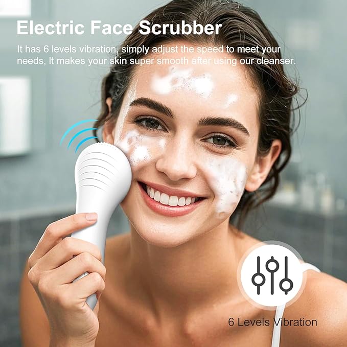 OWLMATE Facial Cleansing Brush, Electric Face Scrubber for Men & Women Waterproof Rechargeable Sonic Vibrating Soft Silicone Face Cleanser Brush for Deep Cleansing, Exfoliating, Massaging (White)