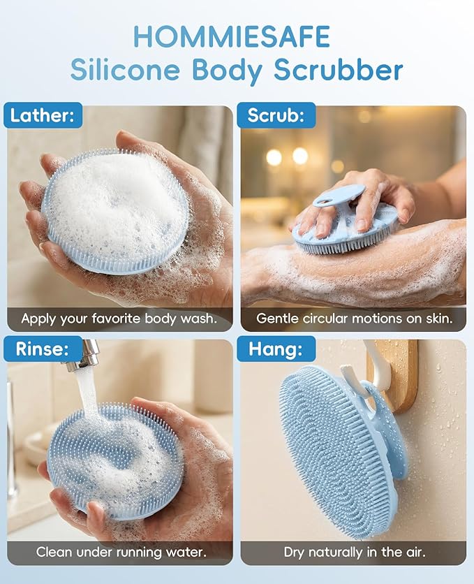 Soft Silicone Shower Brush Body Wash Bath Exfoliating Skin Massage Scrubber, Dry Skin Brushing Glove Loofah, Fit for Sensitive and All Kinds of Skin(2 Pack Sky Blue+2 Pack Black)