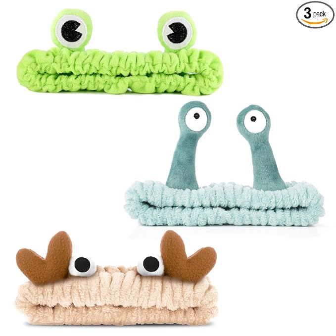 WLLHYF 3 Pack Spa Headband Face Wash Hairband Facial Makeup Head Wraps Cartoon Elastic Head Band Cute Frog Snail Crab Shower Headband Creative Hair Accessories for Beauty Skincare Sports