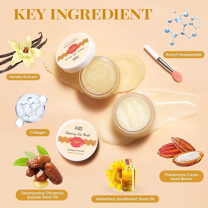 ANAI RUI Lip Mask and Scrub Set, Lip Sleeping Mask & Lip Exfoliator Scrub for Exfoliating, Lip Overnight Treatment, Lip Care Gift Kits for Dry, Chapped & Dark Lips, Holiday Gifts For Girls, Vanilla