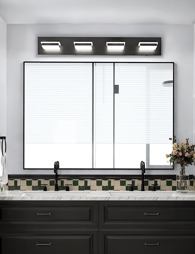 VOLISUN Modern 30-Inch Black Bathroom Vanity Light Fixtures, 4-Light, Cool White LED, Wall Mount, Touch Control