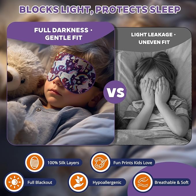 Kids Silk Sleep Mask: 100% Mulberry Silk Eye Mask with Adjustable Strap, Soft Blackout Boys Girls Sleeping Mask, Cute Printed Blindfold for Travel/School/Bed, Gift for Ages 5–15 (Purple Horse Style)
