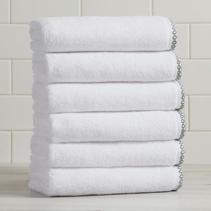 Great Bay Home White/Green Hand Towel Set - Ultra-Soft Cotton, Boho-Chic Border Design - 6 Hand Towels (28" x 16") - Absorbent, Quick-Dry, Lightweight Bathroom Towels