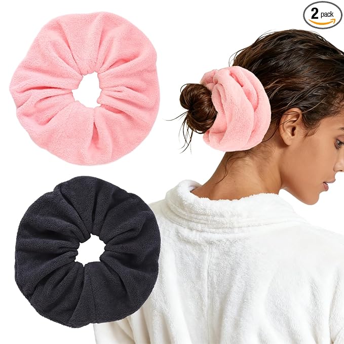 Wecoe Hair Towel Scrunchies 2pcs Soft Absorbent Large Microfiber Hair Drying Scrunchies Thick Fuzzy Scrunchy Ponytail Holder Gifts for Women(Black & Pink)