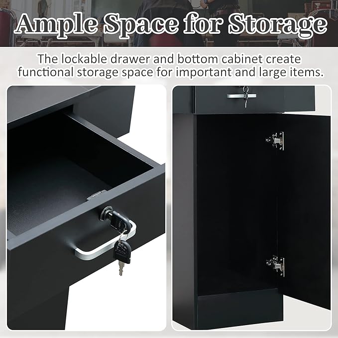 RESHABLE Salon Station for Hair Stylist,Hair Styling Organizer Equipment with Glass Door,6 Tool Dryer Holders, 2 Storage Cabinet ，Beauty Spa Barber Equipment, Black