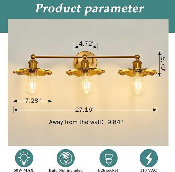 ZGLAOJT 3 Light Vintage Vanity Light Gold Bathroom Light Fixtures Over Mirror.