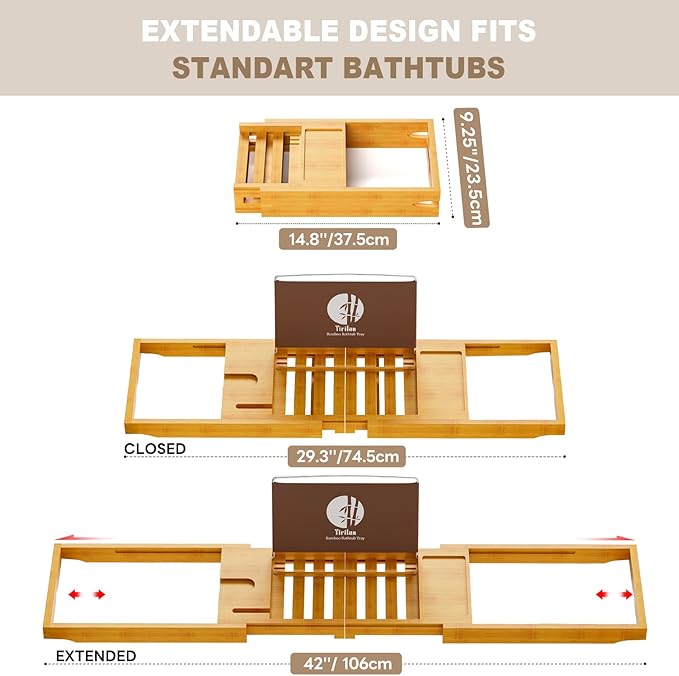 Yirilan Bathtub Trays for Tub,Bath Tray, Foldable Bathtub Caddy,Bathtub Caddy Tray for Tub - Foldable Bamboo Bath Table Tray