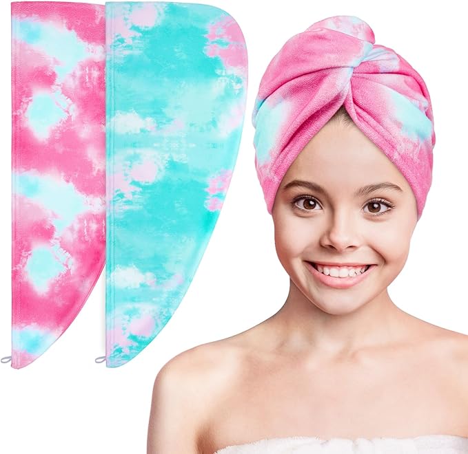 Basumee Microfiber Hair Towel Wrap for Kids 2 Pack Rapid Drying Hair Towel with Button Hair Turbans for Wet Hair Wraps Head Towel Wrap for Women and Girls