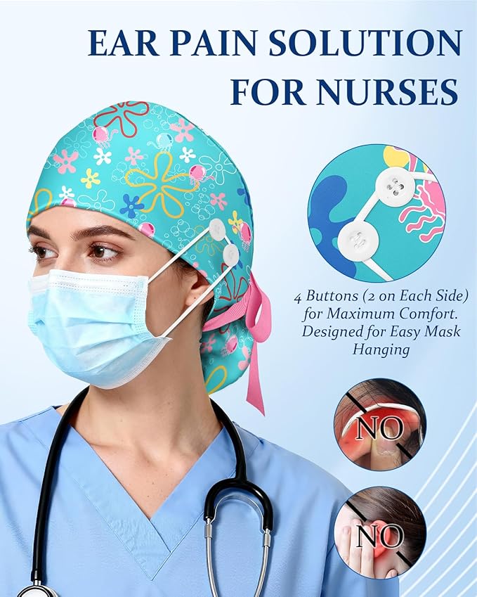 Plifal 100% Cotton Scrub Cap with Buttons-Nurse Cap with Sweatband for Women, Adjustable Working Hat,Satin Lined or Unlined