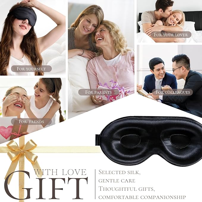 100% Mulberry Silk Sleep Mask as Your Ultimate Silk Eye Mask for Sleeping | Adjuster-Free 3D Contour for Petite Heads (21-23") | Zero Pressure Design | Yueerbao (Black)