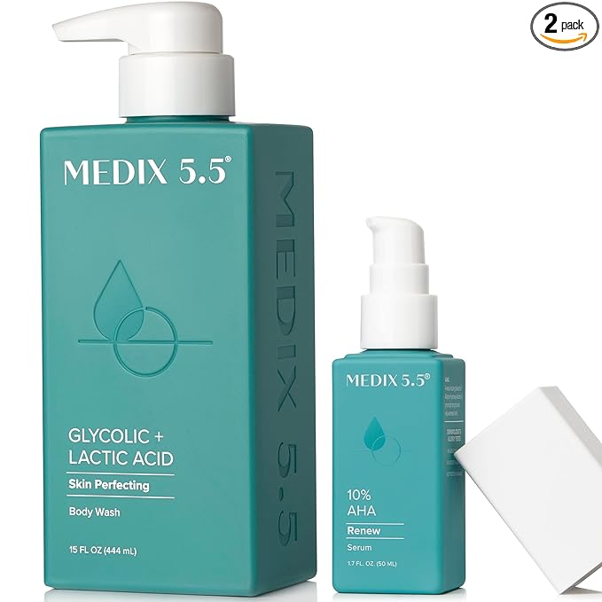MEDIX Glycolic Acid Exfoliating Body Wash KP Bump Eraser Cleanser + 10% Glycolic Acid Serum 2PC Skin Care Set | AHA Exfoliant Body Wash + Serum Refine & Soften Dead Dry Skin, Bumps, & Wrinkles, 2PC