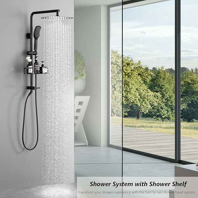 SonTiy Rain Shower Head System with Handheld Spray, 360° Adjustable Shower Arm Exposed Showerhead Kit with Caddy for Whole Family, Brushed Gold, Oil Rubbed Bronze