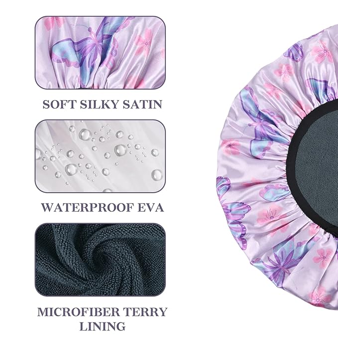 Purple Butterfly Print Satin Shower Cap, Three-Layer Terry Cloth Lined, with Silk Hair Ties, Microfiber Waterproof Reusable Large Size Shower Cap for Women Long Thick Hair