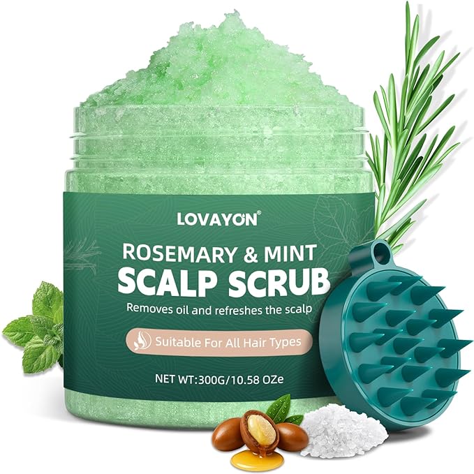 Rosemary Scalp Scrub & Exfoliator for Fuller Hair - Sea Salt & BHA Scalp Treatment with Silicone Massager Brush - Deep Cleanser for Oily Roots, 10.58oz