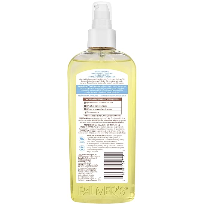 Palmer's Cocoa Butter Formula Gentle Baby Oil, 5.1 fl oz, Nourishing for Delicate Skin, Vitamin E Baby Essentials, (Pack of 2)