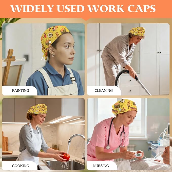 Adjustable Scrub Cap with Buttons & Sweatband, Working Hat with Elastic Tie Back, Unisex Nurse Surgical Caps for Women & Men