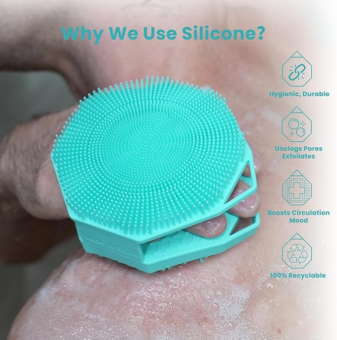 iTokGoK® Premium Silver-Infused 2-in-1 Silicone Body Scrubber, Double-Sided Design Body Brush Silicone Body Scrubber Exfoliating Body Brushes for All Skin for Showering, Lathers Well - Mint Green
