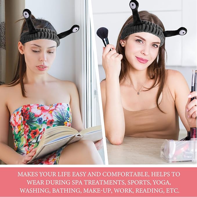 WLLHYF Spa Headband Facial Makeup Head Band Microfiber Soft Coral Fleece Head Wraps Snail Cartoon Cute Hair Accessories Elastic Skincare Hair Band for Women Girls Washing Face Beauty (Black)