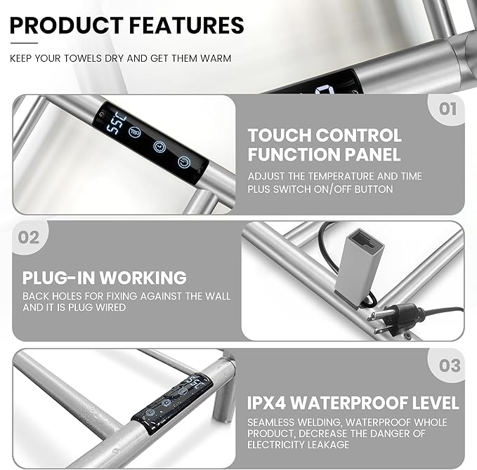 Towel Warmer Wall Mounted with 3 Electric Stainless Steel Heated Bars, Hot Towel Rack for Bathroom, Plug-in BathTowel Heater with Built-in Timer, Brushed Nickel