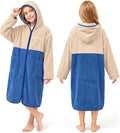 Hiturbo Kids Bath Towel Hoodie: Zipper Surf Poncho Long Sleeve Quick Dry - Absorbent Changing Towels Swimming Outerwear for Beach Pool - Beige/Blue