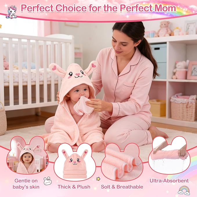 OFUSUY 12 PCS Baby Towels, 4 PCS Soft Hooded Baby Towels & 8 PCS Washcloths, Baby Bath Towels for Newborns, Infants & Toddlers- Coral Fleece, Soft & Ultra Absorbent, Cute Towel Gift for Girls & Boys