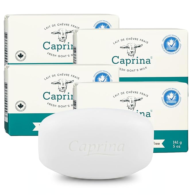 Caprina Goat Milk Bar Soap, FRAGRANCE FREE, 5 oz (141 g), Natural Hand & Body Soap Bars, Moisturizing Bath Soap for Sensitive Skin with Vitamins B2 & B3, Fragrance Free, 5 oz, 4-PACK