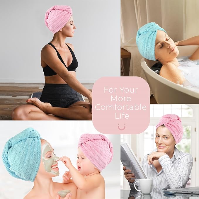 MaopaoBeauty Microfiber Hair Towel Wrap - 2Pack Hair Head Drying Curly Fast Absorbent Dry Anti Frizz Twist Plopping Long Shower for Women (2Packs,Green and Pink,10.6x27.5inch)